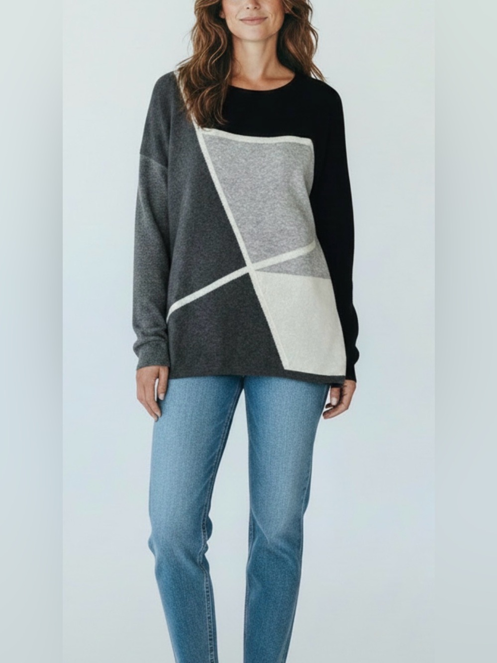 Charter Club‎ 100% Cashmere Sweater L Gray Colorblock Geometric Mod DarkAcademia